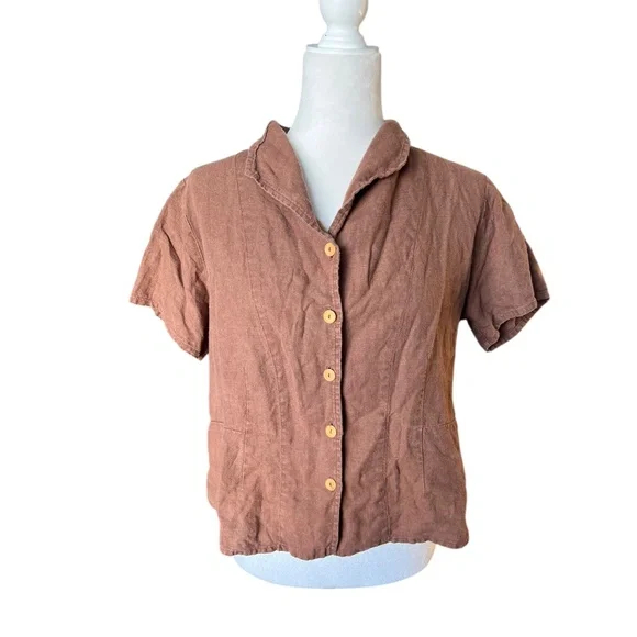 Flax 100% Linen Cocoa Brown Button-Up Shirt | Minimalist Boxy Fit Small - Picture 1 of 5